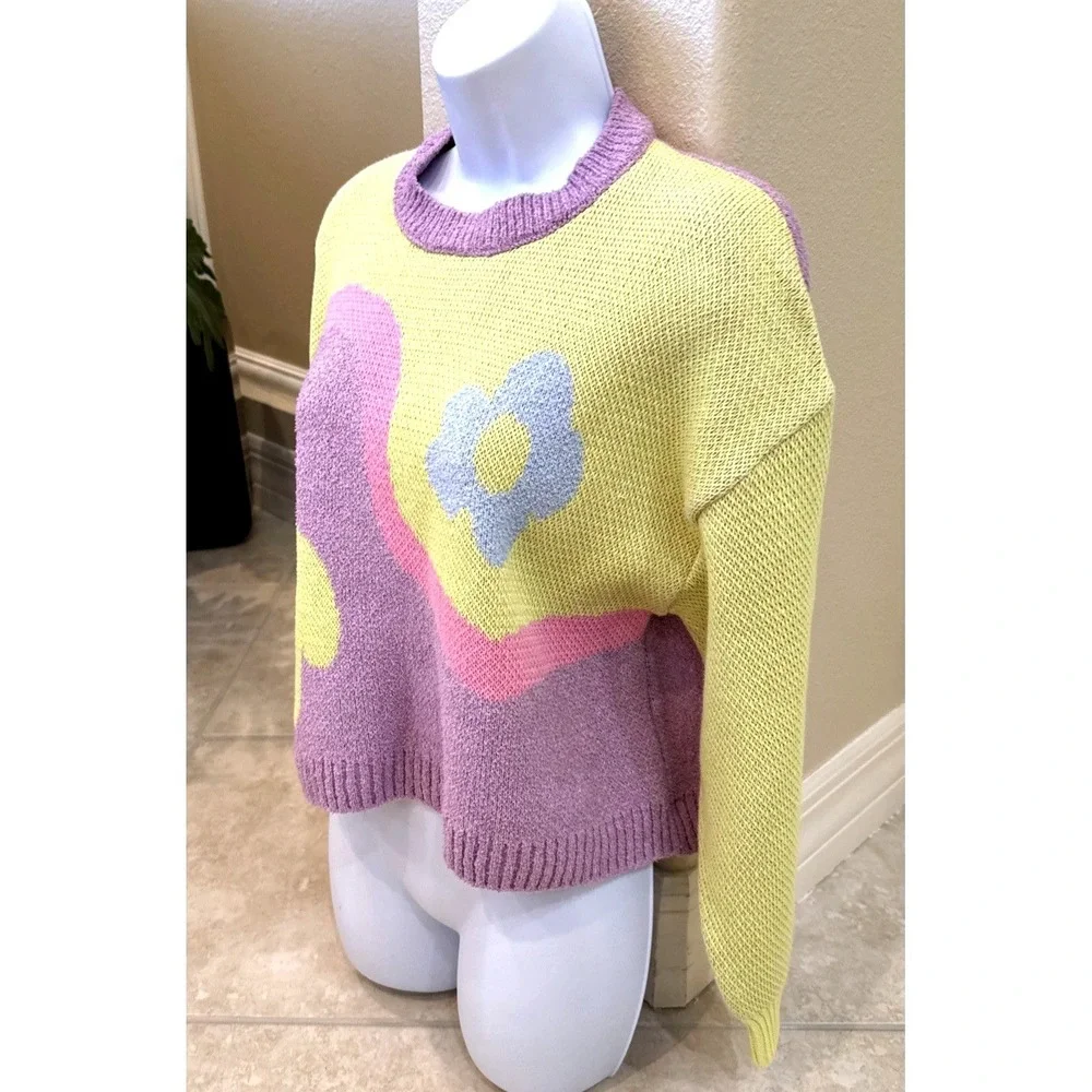 Zara Knit Floral Wavy Colorblock Cropped Sweater Pastel Yellow‎ Lilac Sz M
